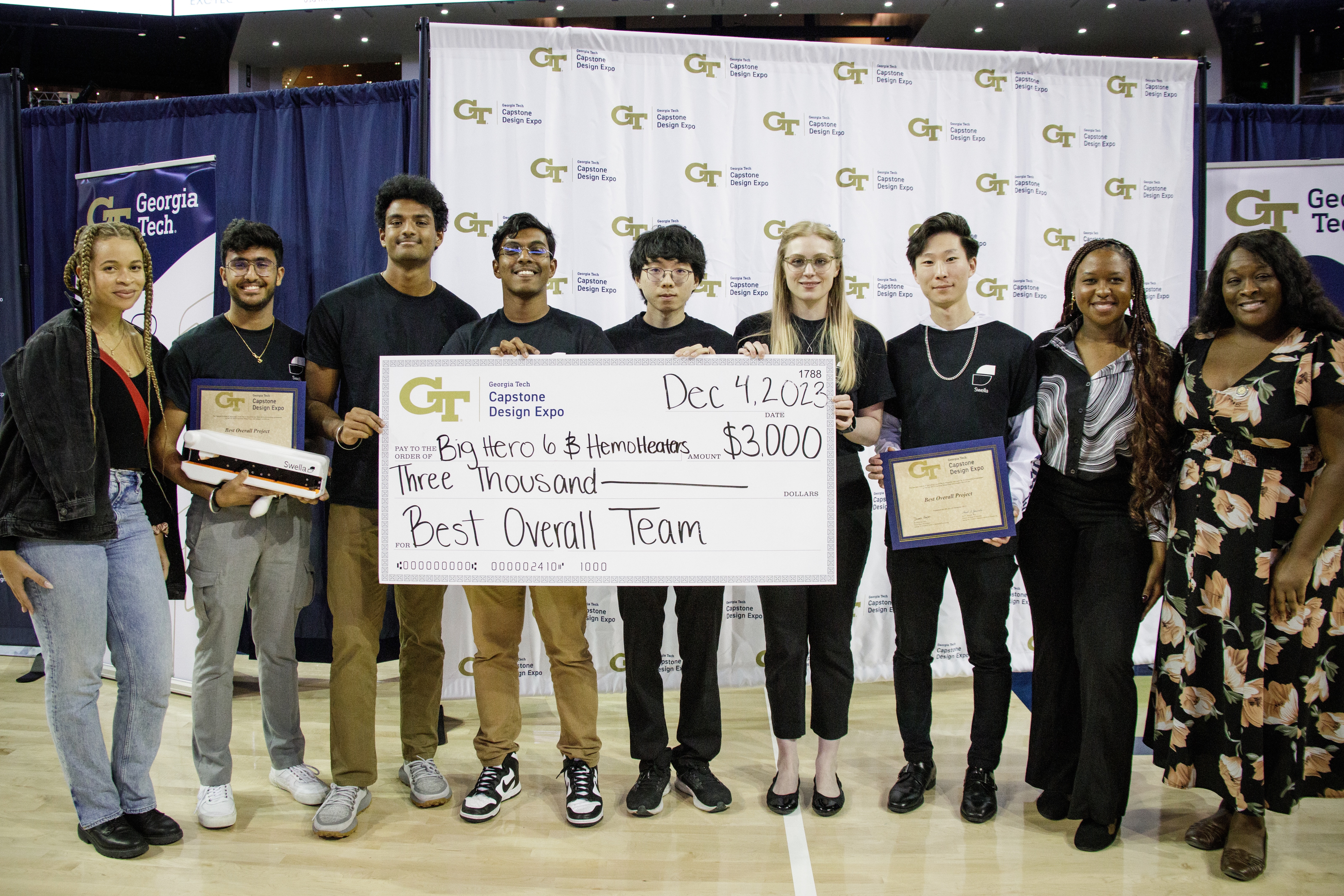 From left to right: Brooke Hill (co-founder of Swella), Rishab Verma (ME), Rohan Thandu (ME), Sasikumaran Nandakumar (ME), Steven Zhao (CMPE), Callie Rigsbee (ID), Ryan Kil (CMPE), Zanbria Asante (co-founder of Swella), Dr. Tequila Harris (Advisor). 